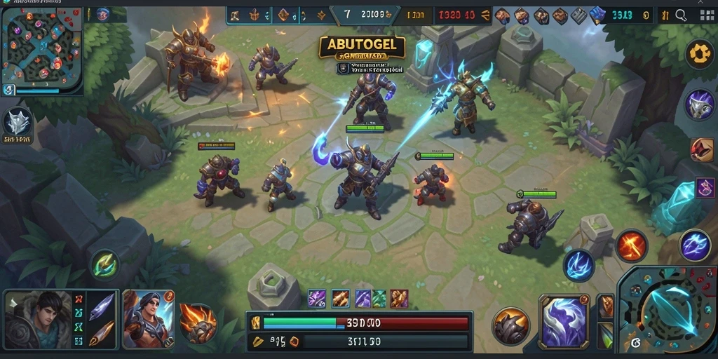 Screenshot gameplay ABUTOGEL menampilkan pertarungan titanik antar karakter MOBA.