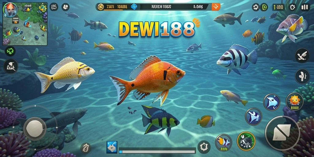 Tampilan gameplay DEWI188 menampilkan aksi menembak ikan yang seru.