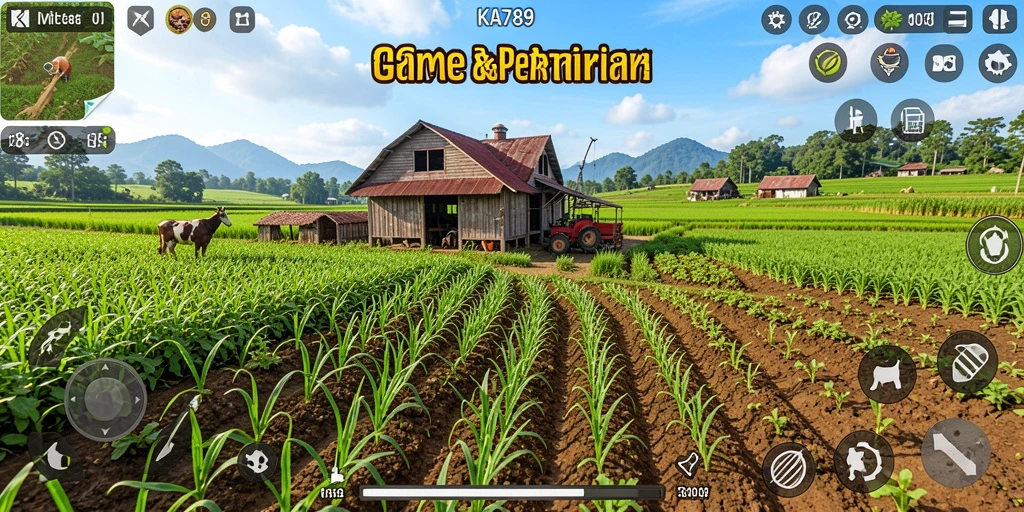 Tampilan gameplay KA789 yang menampilkan kebun yang subur dan hewan ternak.