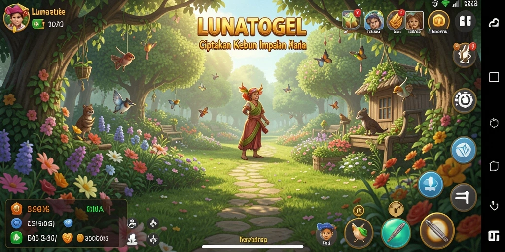 Tampilan menawan game LUNATOGEL menampilkan kebun yang subur dan berwarna.