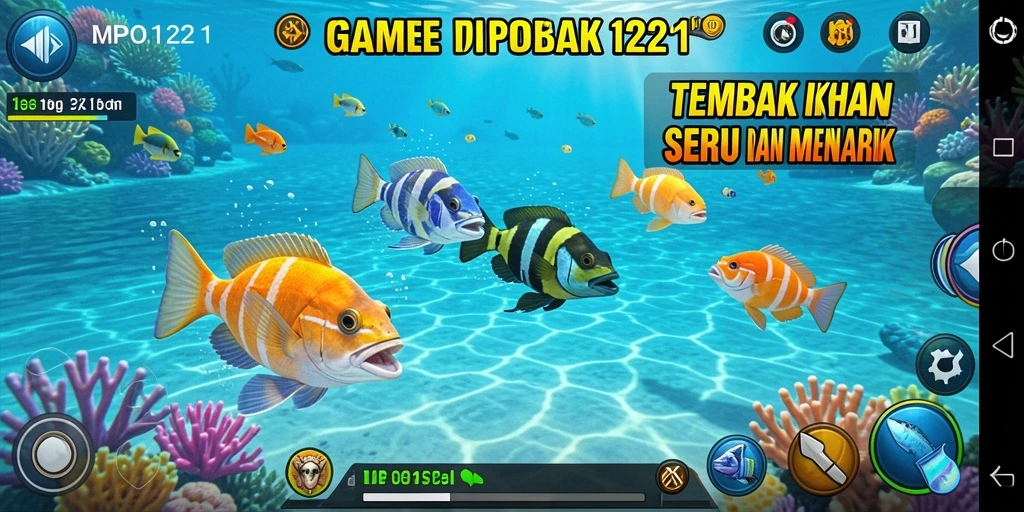 Tangkapan layar dari gameplay MPO1221 menampilkan aksi menembak ikan yang menegangkan.